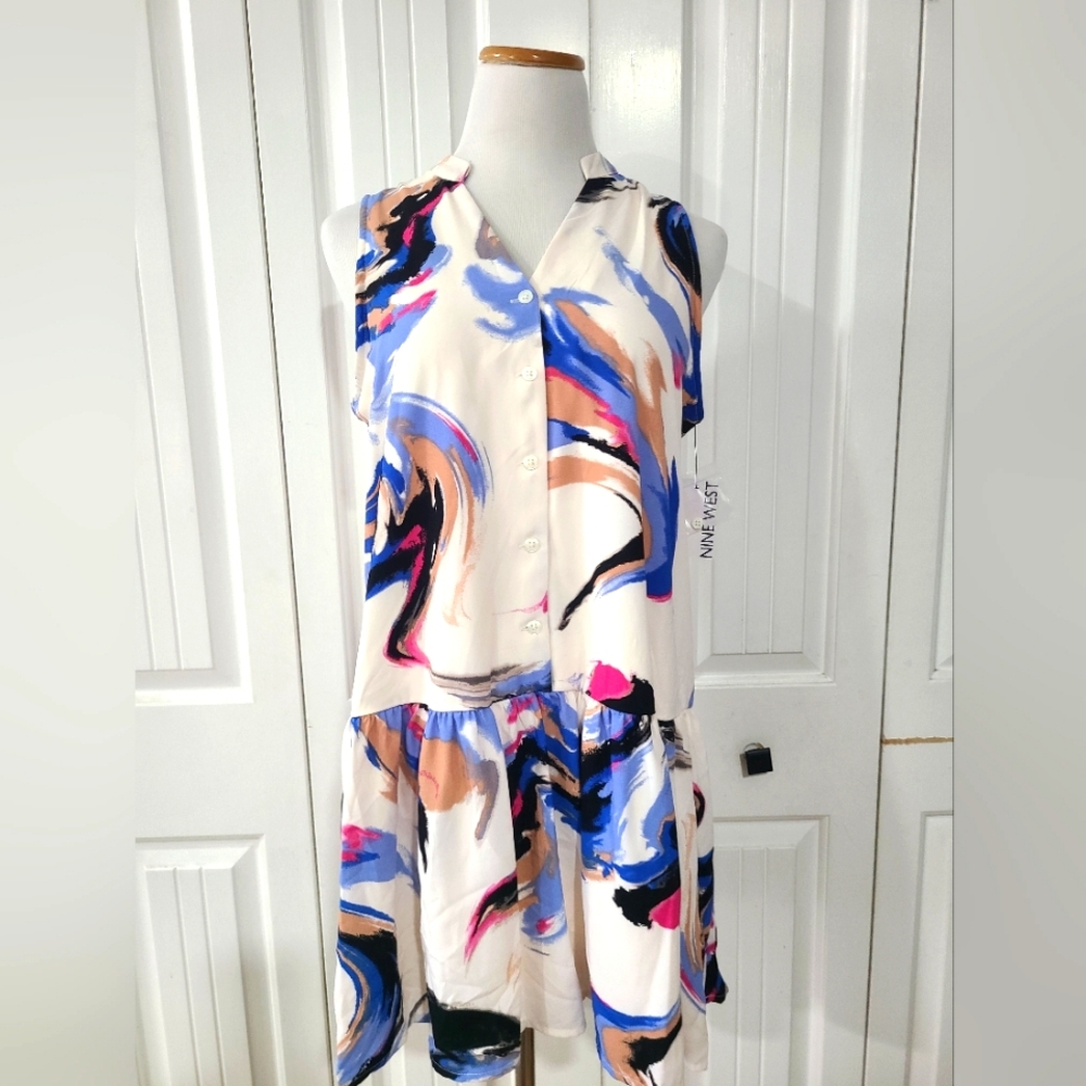 NINE WEST Button Front Ruffle Hem Dress-NWT